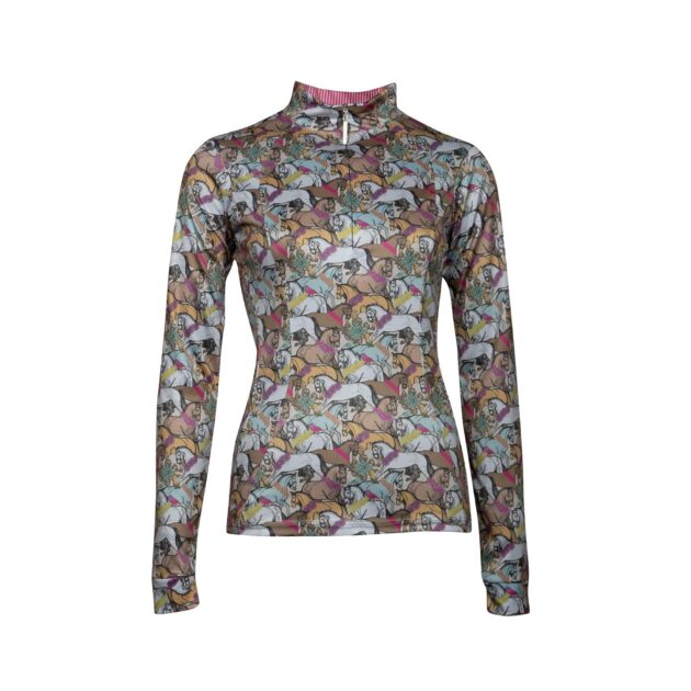 Espoir Equestrian Flowered Horses Ladies Quarter Zip Sun Shirt