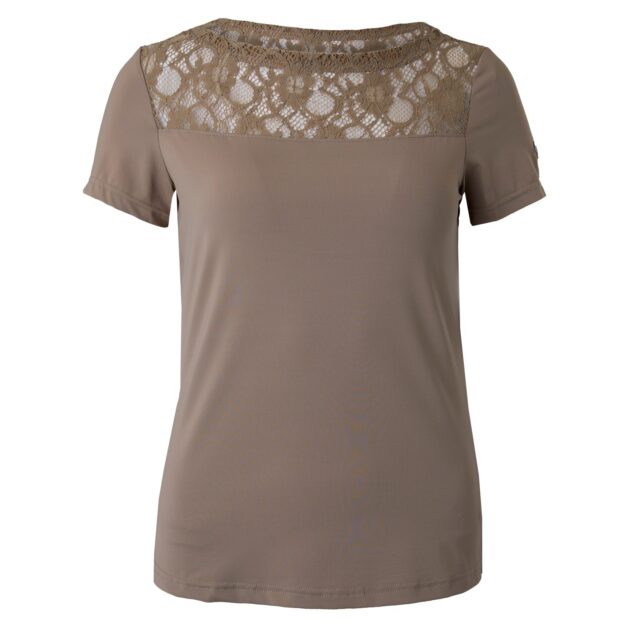 B Vertigo Natalia Boat Neck Shirt with Lace Detail, Fossil Brown - Image 2